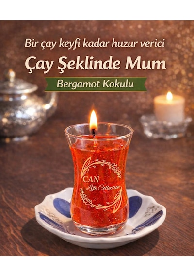 Çay Ağacı Kokulu Türk Çayı Görünümlü Dekoratif Mum Çay Bardağı- Açık Kırmızı