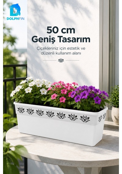 Desenli Dikdörtgen Balkon Saksısı 50 Cm 49x16x14,5 Cm Pp Plastik Çiçek Saksısı