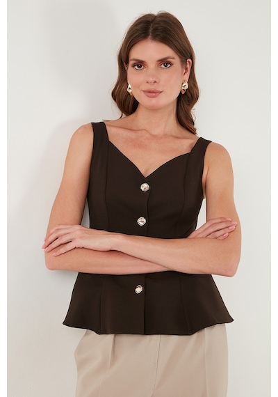 Lela Fitted Fit V Yaka Düğmeli Bayan Yelek 611Fyl145 Kahve