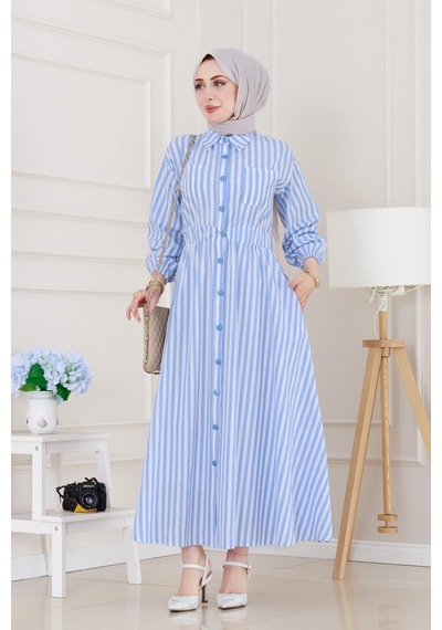 Sevitli Çizgili Cepli Tesettür Elbise-mavi-5137 Mavi