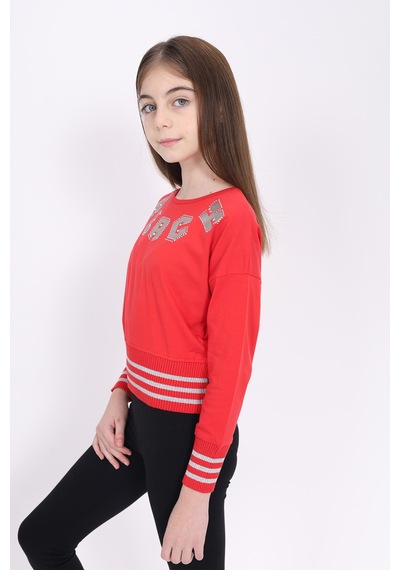 Toontoy Kız Çocuk Sweatshirt Black Varak Baskılı Kırmızı