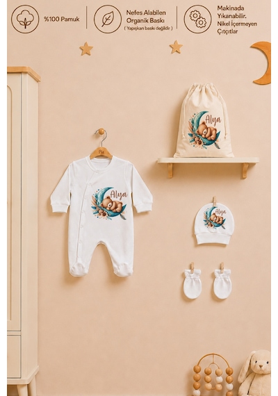 Pia Baby İsme Özel Kız Bebek Tulum %100 Pamuk Organik Baskılı İsimli Bebek Tulumu Ham Bez Kıyafet Kesesi Bebek Hediye Seti 1012tk3x Ekru