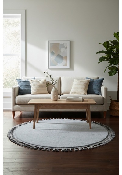 Comfort Yuvarlak Ponpon Saçaklı Peluş Halı Yatak Odası- Çocuk Odası- Antre- Yemek Odası Kaymaz Taban Gri