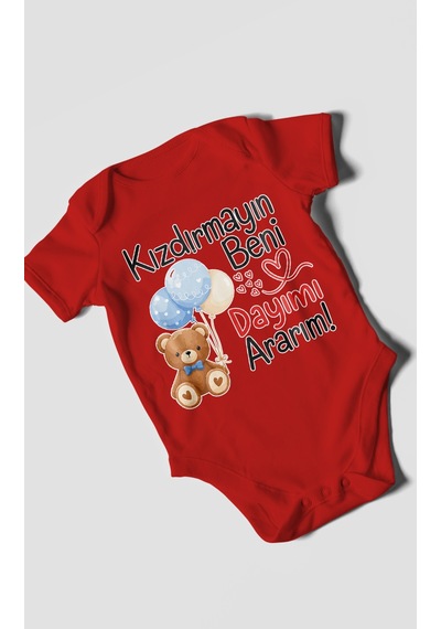 Morivokids Kızdırmayın Beni, Dayımı Ararım Kısa Kollu Bebek Body %100 Pamuk Kırmızı