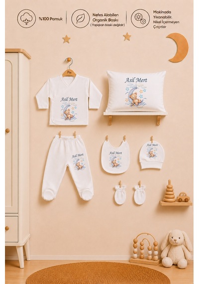 Pia Baby İsme Özel Erkek Bebek %100 Pamuk Zıbın Şapka Önlük Eldiven Ve Yastık Kılıfı Hediyelik Set 1020yzyx Ekru