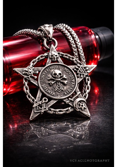 Paslanmaz Çelik Okült Sembollü Erkek Gotik Kurukafa Pentagram Kolye Çelik