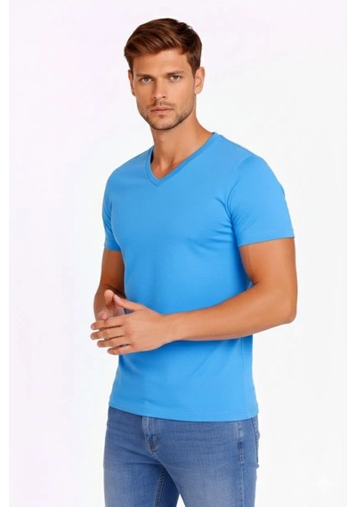 Erkek Body T-shirt V Yaka Slim Fit Likralı Kısa Kol Tişört - Açık Mavi Açik Mavi