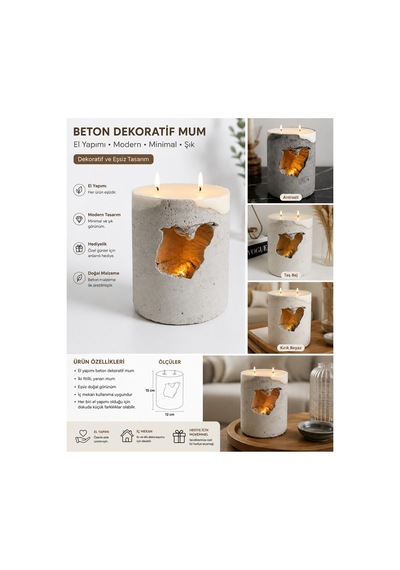 El Yapımı Beton Dekoratif Mum 2 Fitilli Oyuk Tasarım Modern Dekorasyon Mumu Gri