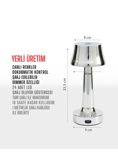 Zenlight Metal Dokunmatik Şarjlı Masa Lambası Gümüş