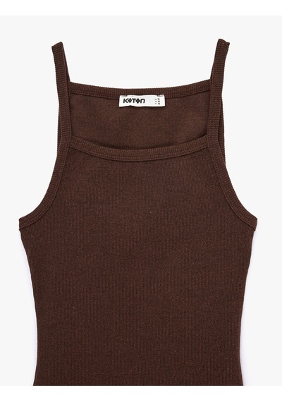 Koton Slim Fit Ribanalı Kolsuz Kare Yaka Bluz Kahverengi 6sak10235ek Kahve