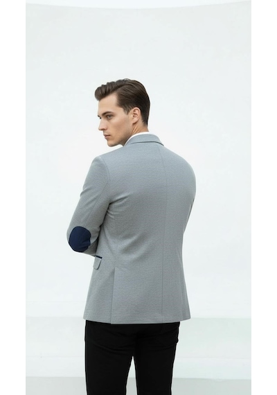 Plus Scorpion Gri Erkek İtalyan Kesim Blazer Ceket Lacivert Detaylı, Kol Yamali, Slim Fit Şık Tasarım Lacivert