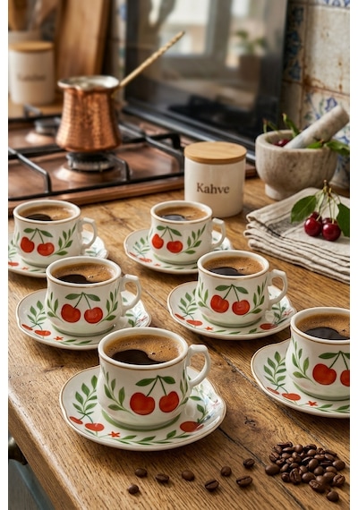 Acar Kiraz Desenli 6 Kişilik Kahve Fincanı Takımı 90 Ml 09502 Beyaz