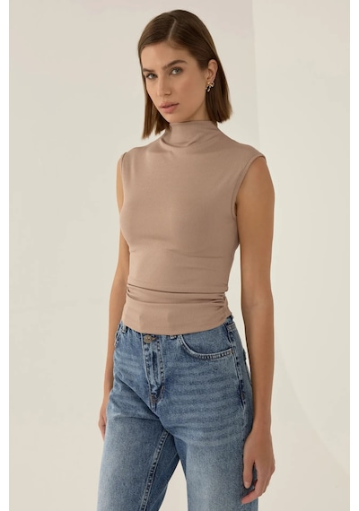 Hiccup Büzgü Detaylı Yarım Turtleneck Crop Top Kestane Kahvesi