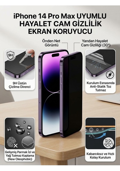 Iphone 14 Pro Max Uyumlu Ekran Koruyucu Hayalet Cam