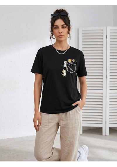 Novalisse Kadın Sevimli Kedi Cep Baskılı Tişört Kısa Kol Yazlık T-shirt - Siyah Çoklu Renk