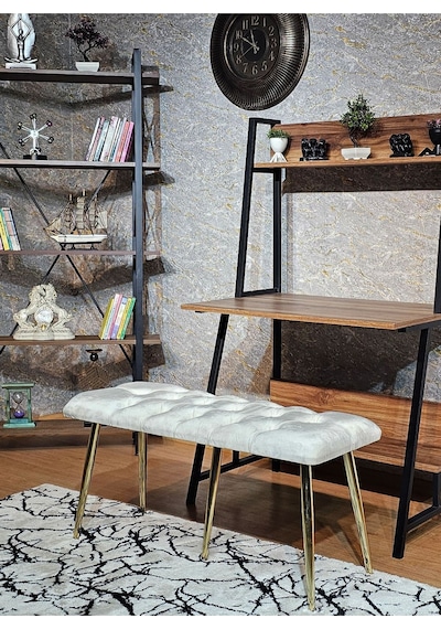 Zafir Gold Metal Krem Oturaklı Sivriltme Ayaklı Babyface Puf & Bench & Oturak Krem
