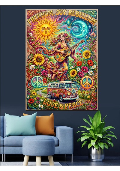 Hippie Love Peace Güneş Karavan Dekoratif Kanvas - Mdf Ahşap Tablo Çok Renkli