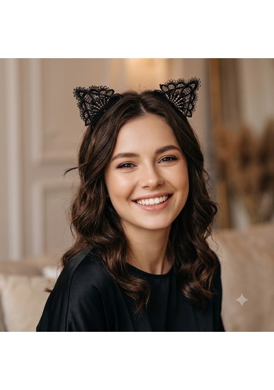 Kedi Kulaklı Dantelli Siyah Taç Anime Karekter Kedi Kız Tacı
