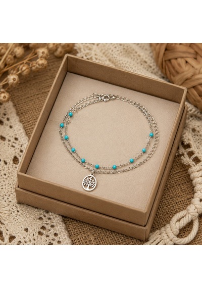 Turquoise Tree Of Life Stainless Steel Anklet Yaşam Ağacı Turkuaz Boncuklu Çelik Halhal Çok Renkli