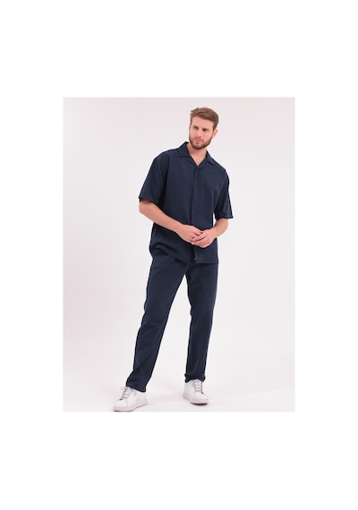 Erkek Siyah Keten Takım Oversize Gömlek & Pantolon 2'li Set Bağcıklı Rahat Yazlık Kombin Lacivert
