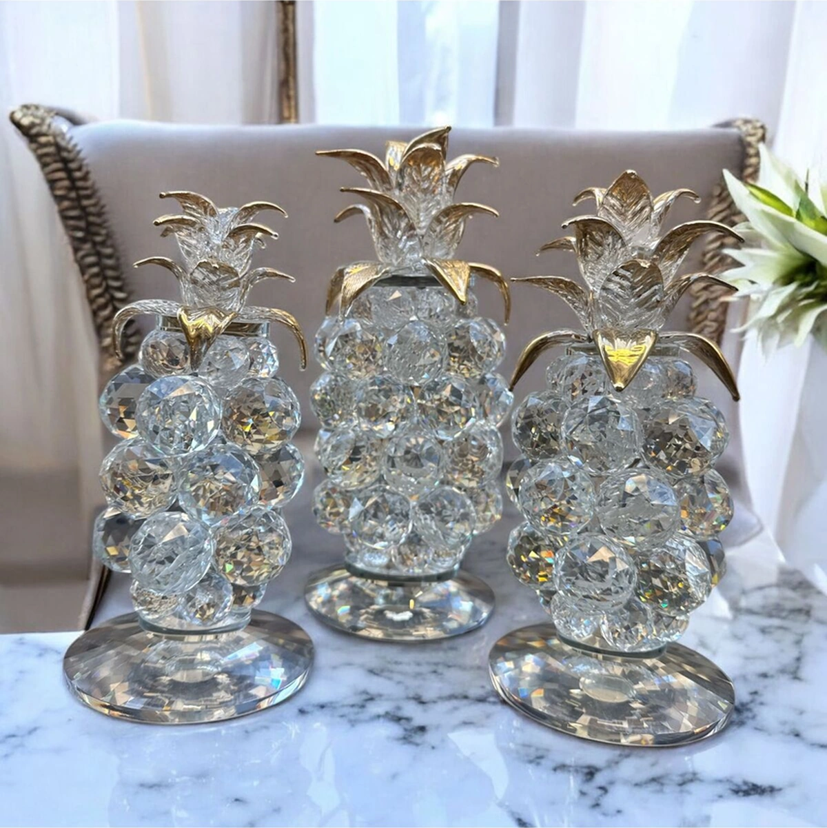 Dekoratif Kristal Cam Üçlü Ananas Set Şeffaf Gold