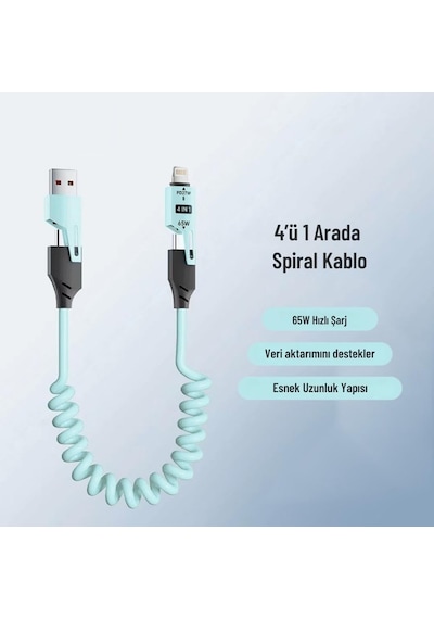 0860 Usb Type-c Lightning 4'ü 1 Arada 65w Pd Hızlı Şarj Data Kablosu 1.5m Spiral Çevirici Akıll Standart