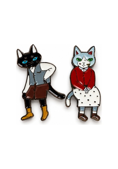 Sevimli Kedi Çifti 2'li Metal Rozet Seti Çizgi Karakter Emaye Broş Pin Gri