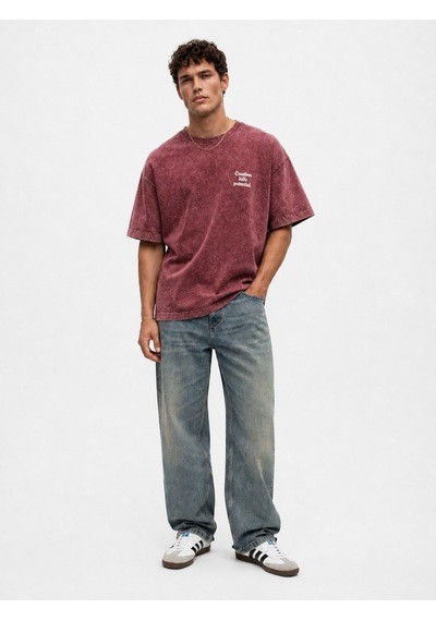 Respire Erkek Puf Baskılı Yıkamalı Oversize T-shirt Bordo