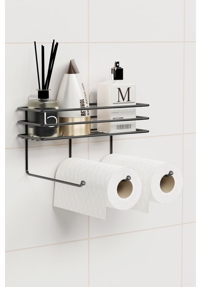 Yapışkanlı Raflı Havlu Kurutmalık Mutfak Banyo Rafı Askısı Raf Duvar Düzenleyici Organizer Havluluk Siyah