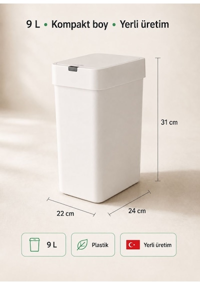 Slim Sensörlü Akıllı Çöp Kovası 9 L - Dar Alan İçin Otomatik Banyo Mutfak Çöp Kutusu Beyaz
