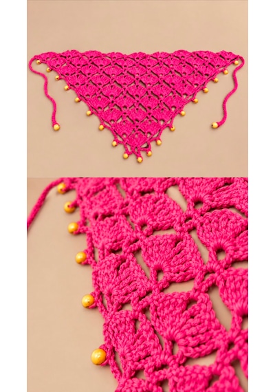 Algebutik Pembe Boncuk Detaylı Tığ İşi Üçgen Bandana