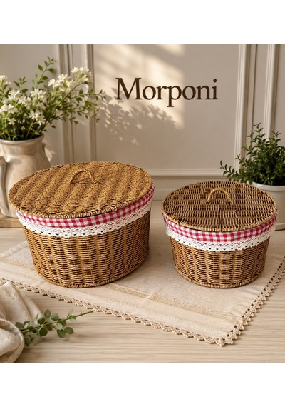 Morponi 2'li Kapaklı Ekoseli Hasır Rattan Organizer Sepet Yuvarlak 895 Sarı