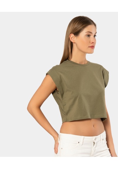 Türen Kadın Vatka Görünümlü Crop T-shirt 3402/haki 001