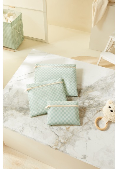 Ocean Home Textile 3'lü Su Geçirmez Pvc Astarlı Mint Dama Desen Islak Kuru Çantası 20 X 13 / 24 X 20 / 30 X 24 Cm