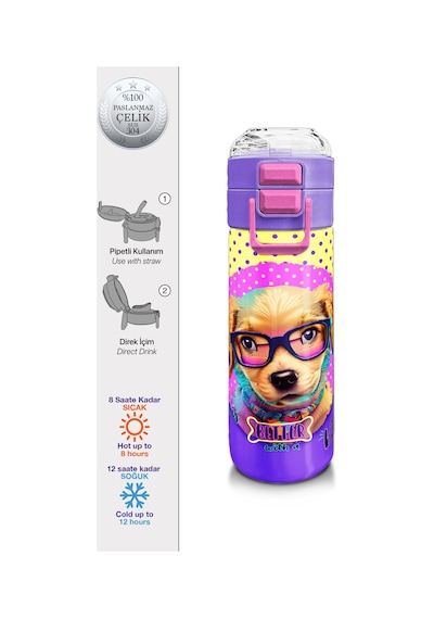 Coral High Kids Sarı Pembe Sevimli Köpek Desenli Pipetli Ve Direkt İçim Çelik Termos 500 Ml 31953 Sarı