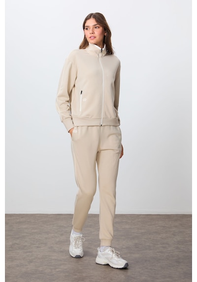 Tommy Life Bej Kompakt Pamuklu Kalın Pürüzsüz Dokulu Dik Yaka Oversize Fit Kadın Eşofman Takım - 95340 Bej