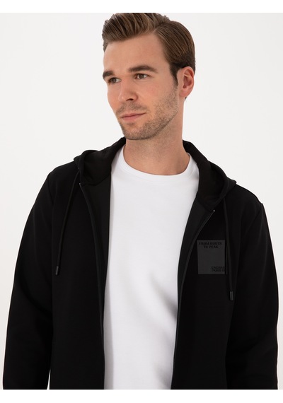Siyah Regular Fit Pamuk Karışımlı Tam Fermuarlı Kapüşonlu Sweatshirt