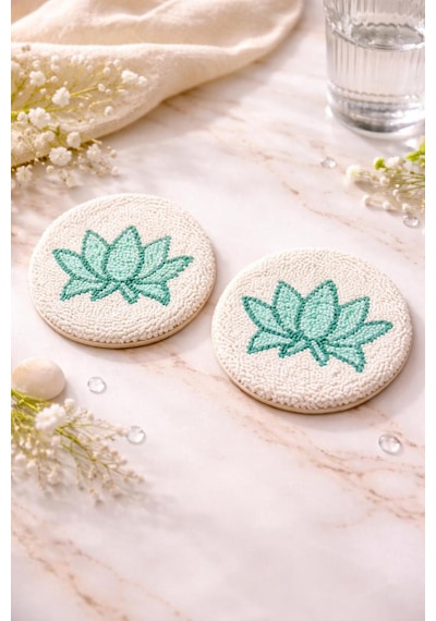 El Yapımı Punch Nakış Nilüfer Lotus Çiçekli Bardak Altlığı 2'li Set - Yoga Meditasyon Dekor Çok Renkli