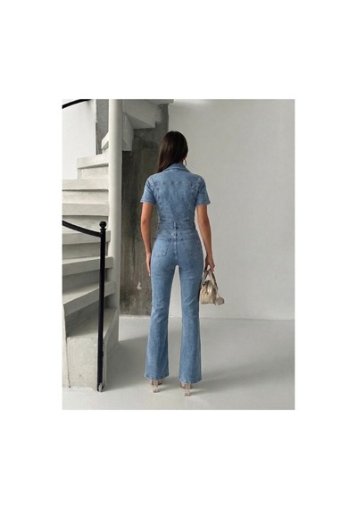 Bluemarlin Kısa Kol Buz Kar İspanyol Paça Likralı Denim Tulum Buz Kar