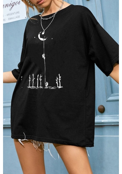 Unisex Uzay Temalı Baskılı T-shirt Siyah