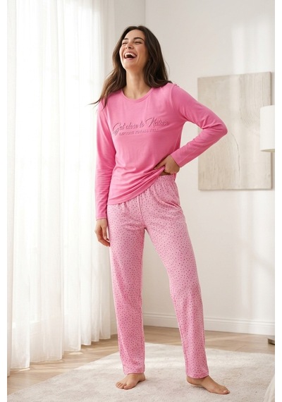 Aura Collections Kadın Desenli Bambu Viskon Uzun Kollu Soft Örme Mevsimlik Pijama Takımı Pembe