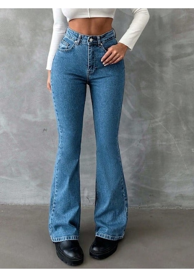 Herton Yüksek Bel İspanyol Paça Jean Pantolon - Eskitme Detaylı Full Pamuklu Flare Denim Koyu Mavi
