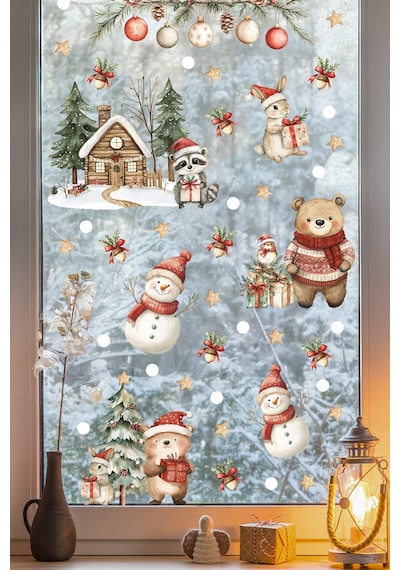 Çift Taraflı Baskılı Yılbaşı Evi Ve Sevimli Hayvanlar Yeni Yıl Çocuk Bebek Odası Sticker Seti, Çift Yönlü Yılbaşı Dijital Baskı