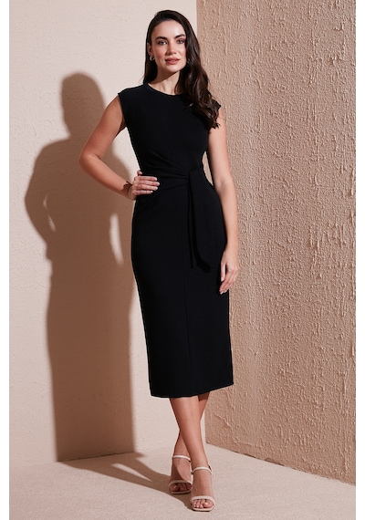 Lela Slim Fit Bisiklet Yaka Bağlama Detaylı Midi Bayan Elbise 5866164 Siyah