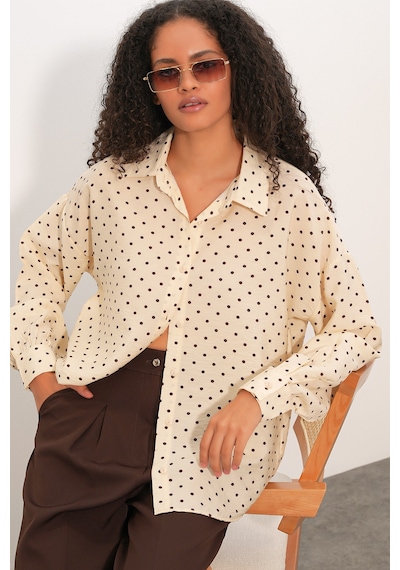 Bigdart Kadın Oversize Puantiyeli Gömlek 20392 - Krem
