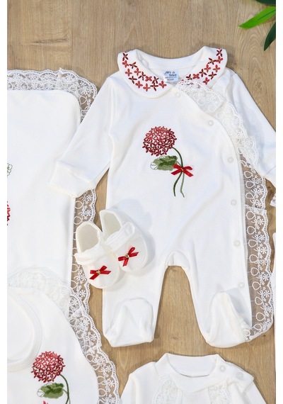 Sitilin Kız Bebek Ortanca Natural 10 Lu Hastane Çıkışı Kanaviçe Çiçek Desen Stl4576 Kırmızı