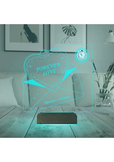 Luvivia Kalp Forever Love Sevgiliye Hediye Zarf Mesajlı Kişiye Özel Metal Saatli 3d Lamba - Masa Gece Lambası