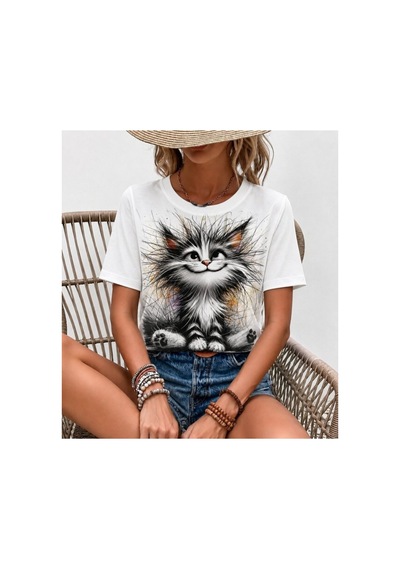 Butik İstanbul Kadın Kısa Kollu Bisiklet Yaka Kedi Baskılı Süprem Bluz Beyaz Butik İstanbul Kadın Kısa Kollu Bisiklet Yaka Kedi Baskılı Süprem Bluz Beyaz