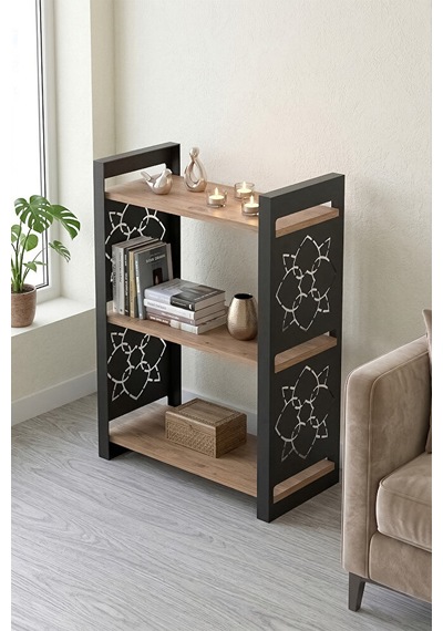 85 Cm 3 Katlı Endüstriyel Kitaplık, Konsol, Çiçeklik, Çok Amaçlı Raf 2810 Atlantik Çam - Siyah