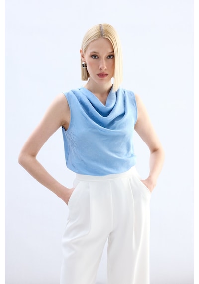Sateen Degaje Yaka Bluz - Bebe Mavi-136754 Bebe Mavi